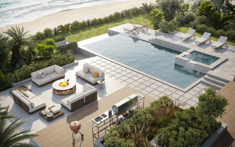 Beautiful house with pool along the beach in 3d renders