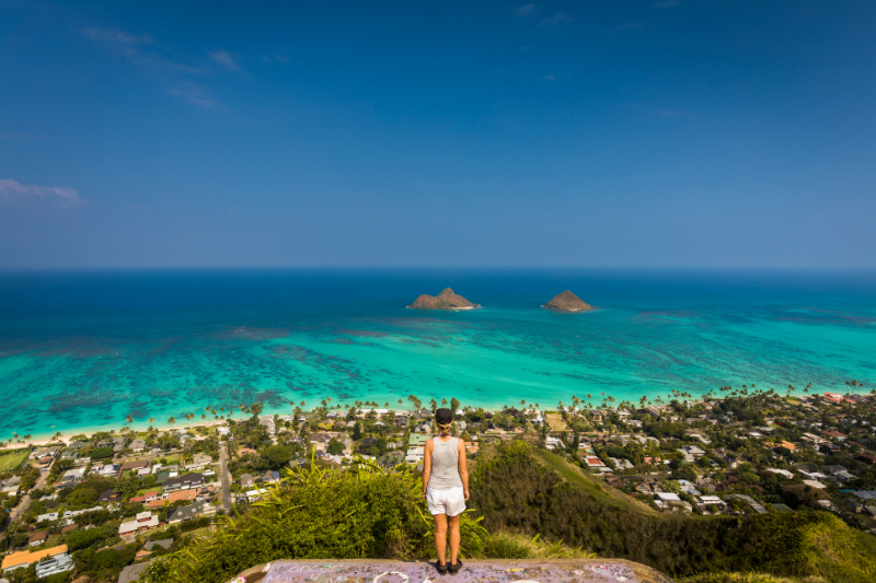 Woman standing on pillbox near Kailua